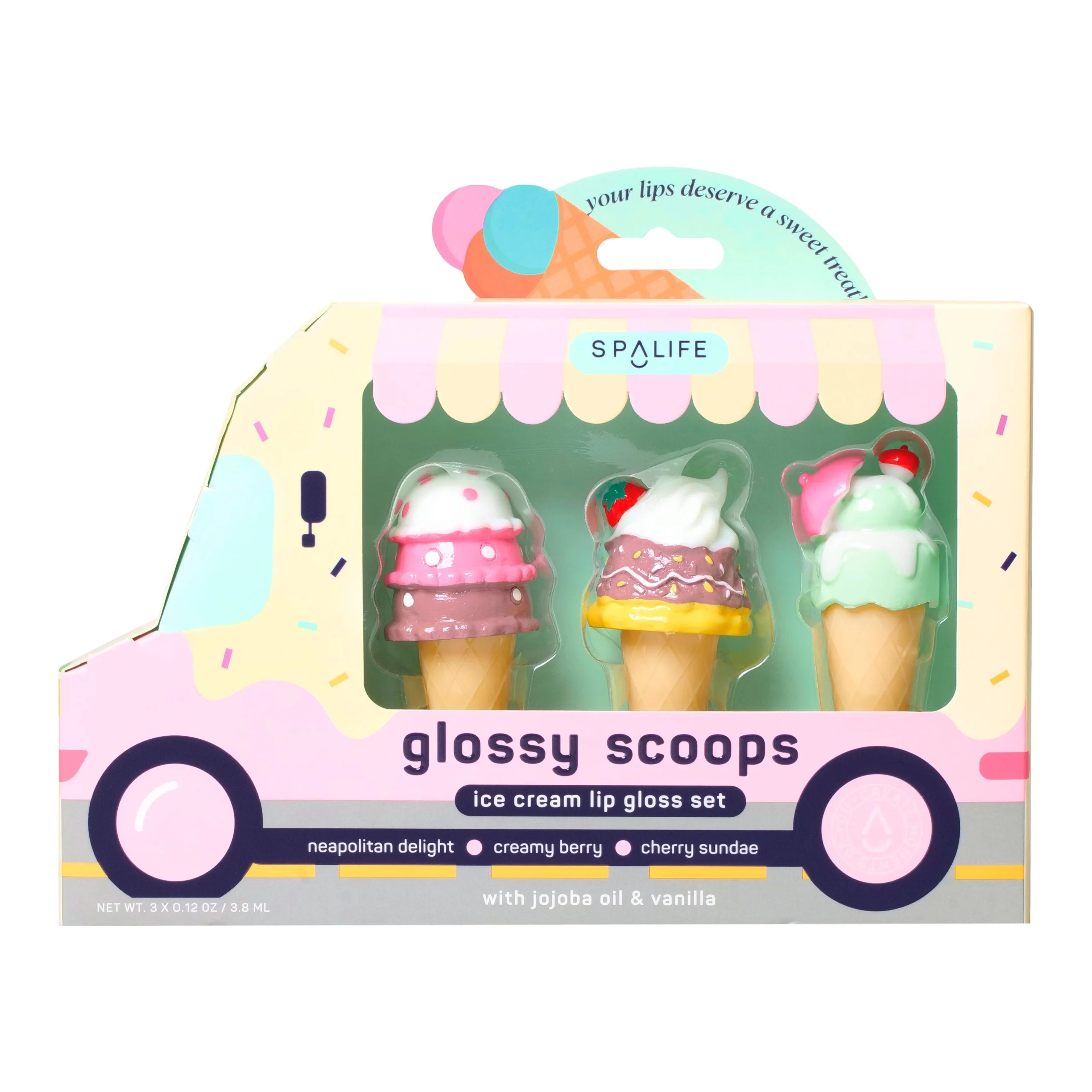 Succombez à la gourmandise avec ce coffret de 3 gloss à lèvres en forme de cornets de glace par Spa Life. Enrichis en huile de jojoba et délicieusement parfumés à la vanille, ils apportent une brillance miroir et une hydratation continue à vos lèvres. BÉNÉFICES CLÉS : - Formule hydratante à l'huile de jojoba - Fini brillant non collant et parfums gourmands - Packaging ludique idéal pour offrir CONTENU DU COFFRET : - Neapolitan Delight - Creamy Berry - Cherry Sundae Spa Life - Glossy Scoops Lip Gloss Set (3 x 3.8ml)